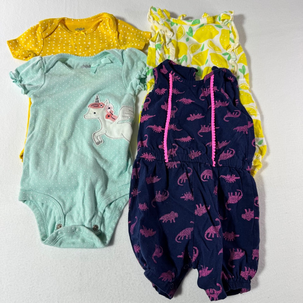 Carter's Baby Girl 4pc Lot Bodysuits Rompers 6-12M 9M Unicorn Dinosaur Lemon